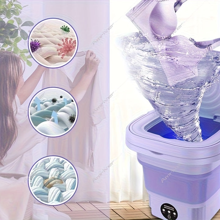 Collapsible Mini Laundry Washer, Purple Foldable Washing Machine with Listed 2.11gal Volume, 3 Modes and Soft Spin Function for Suitable Small Garments