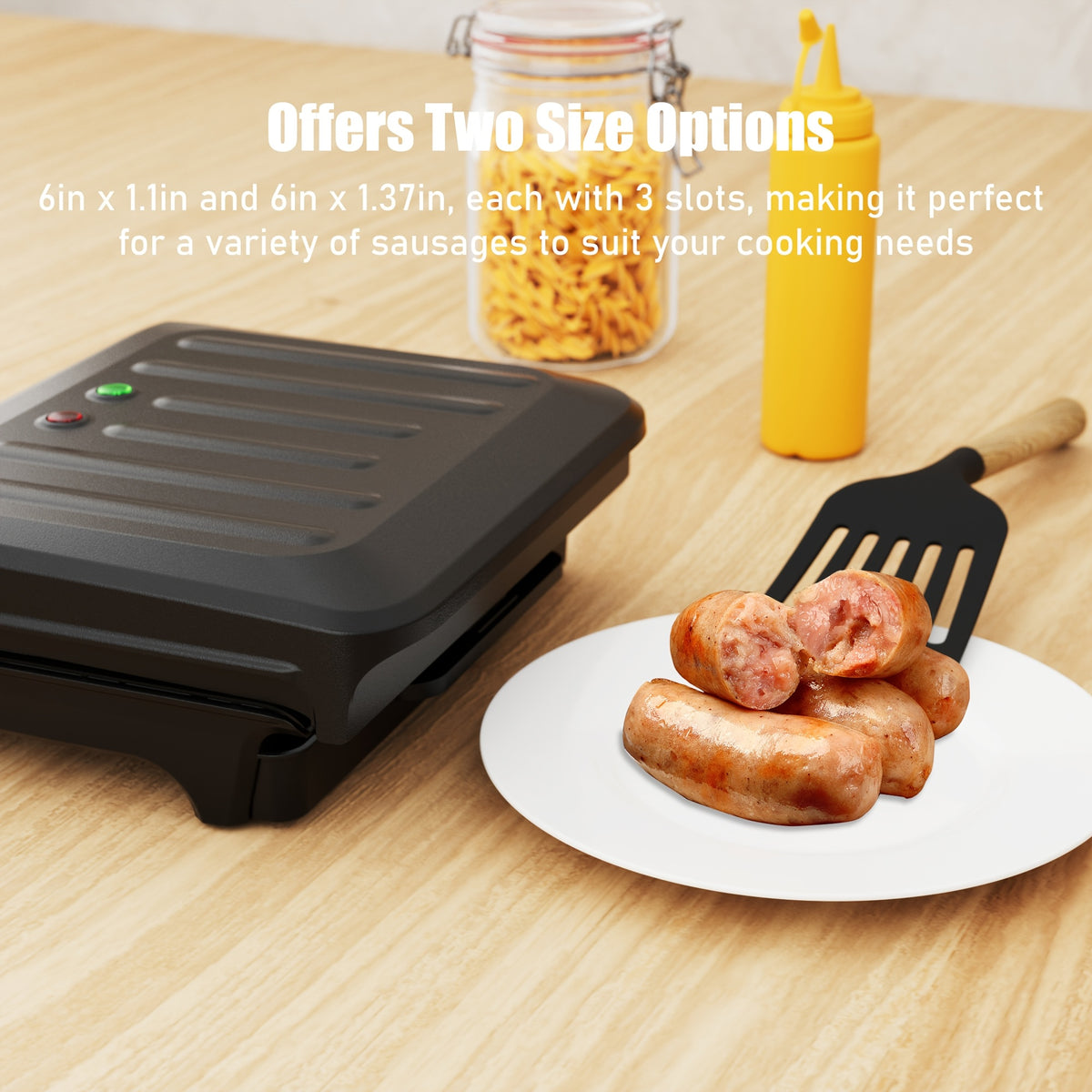 Six-Slot Electric Hot Dog Maker, Nonstick Sausage Grill with Grease Drip Tray, Power and Ready Indicator Lights, Cord Storage for Breakfasts and Snacks