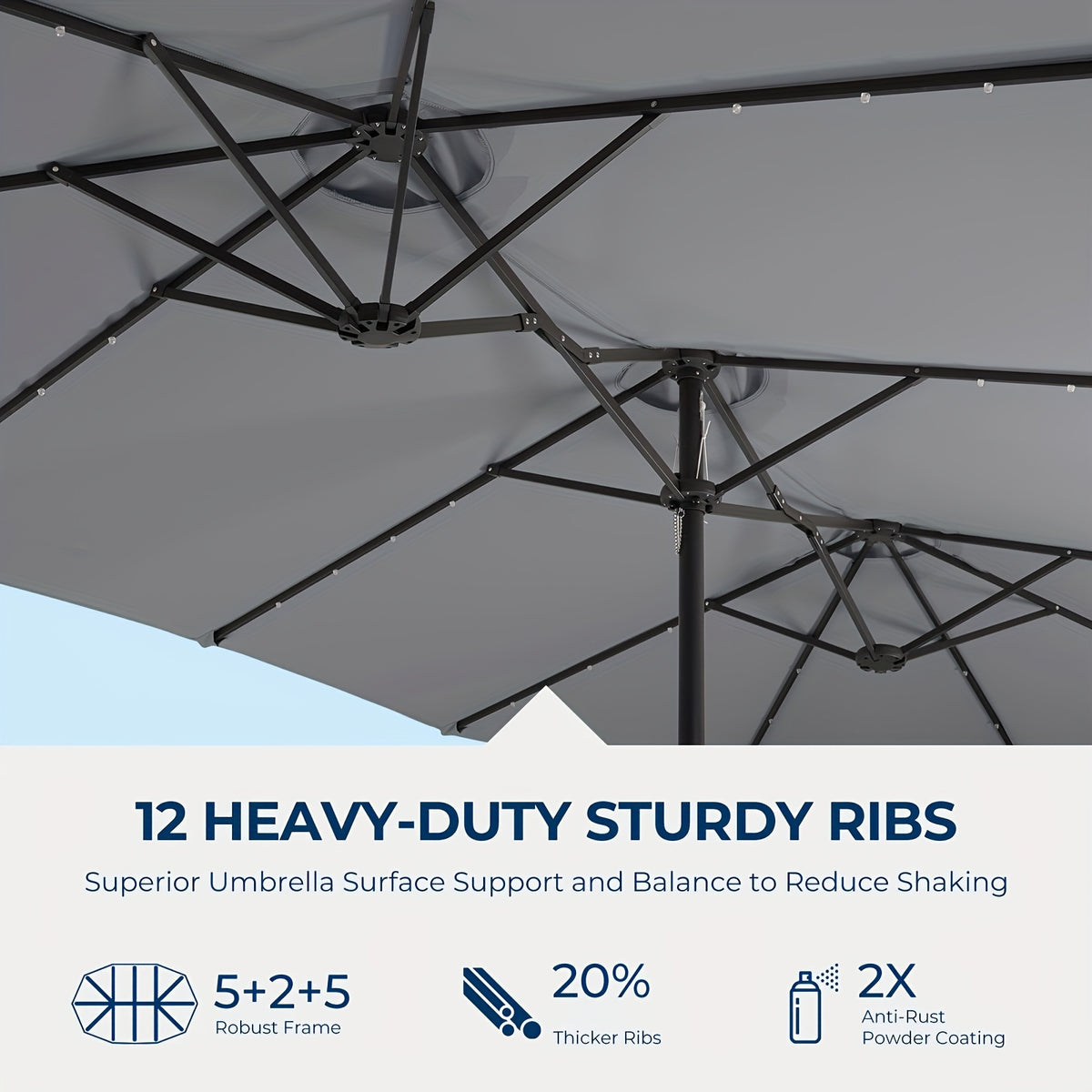 Double-Sided Solar Patio Umbrella with 48 LED Lights, 15ft Outdoor Shade Canopy with Crank Handle, 12 Ribs, Base and Four Sandbags in Blue or Light Blue