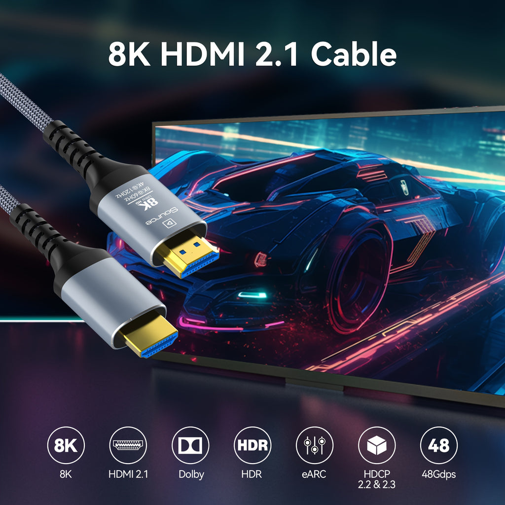 8K Fiber Optic HDTV Cable by MIZIQIER, Directional Gray Braided Cord with Listed 48Gbps, 8K60Hz and 4K120Hz Support, Three Length Options