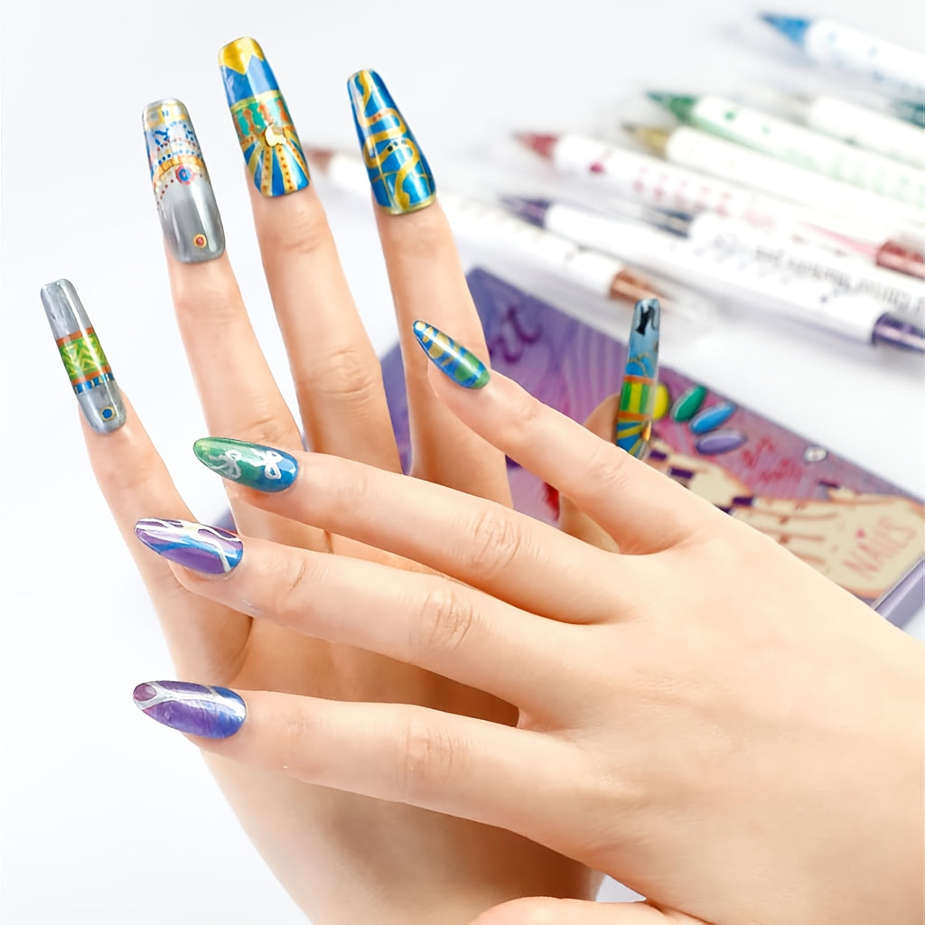 Metallic Nail Art Pens with Double-Ended Acrylic Paint Marker Design, 10-Color Quick-Drying Selection for Decorative Dots, Lines and DIY Home or Salon Manicures