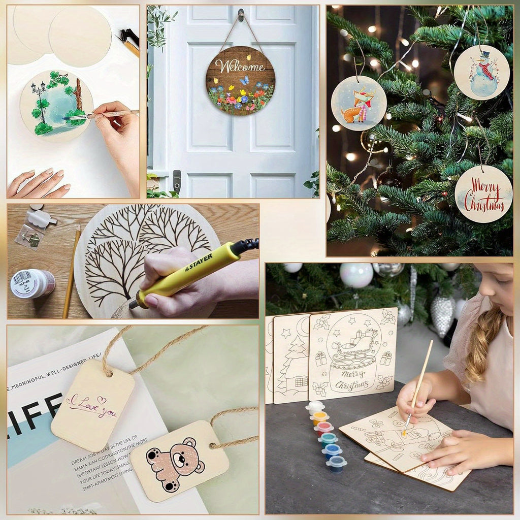 Wooden Craft Blanks in Round, Square and Heart Shapes, 130pcs or 65pcs with Twine Options for DIY Painting, Personalized Gift Accents and Wedding Decor