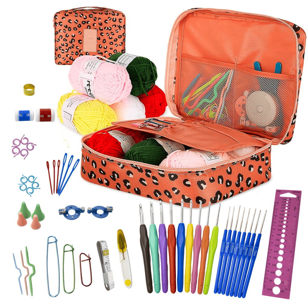 Soft-Grip Crochet Starter Kit with 17 Crochet Hooks, Five Acrylic Yarn Skeins and Printed Storage Bag, Beginner Craft Tools for Coasters, Scarves and Amigurumi