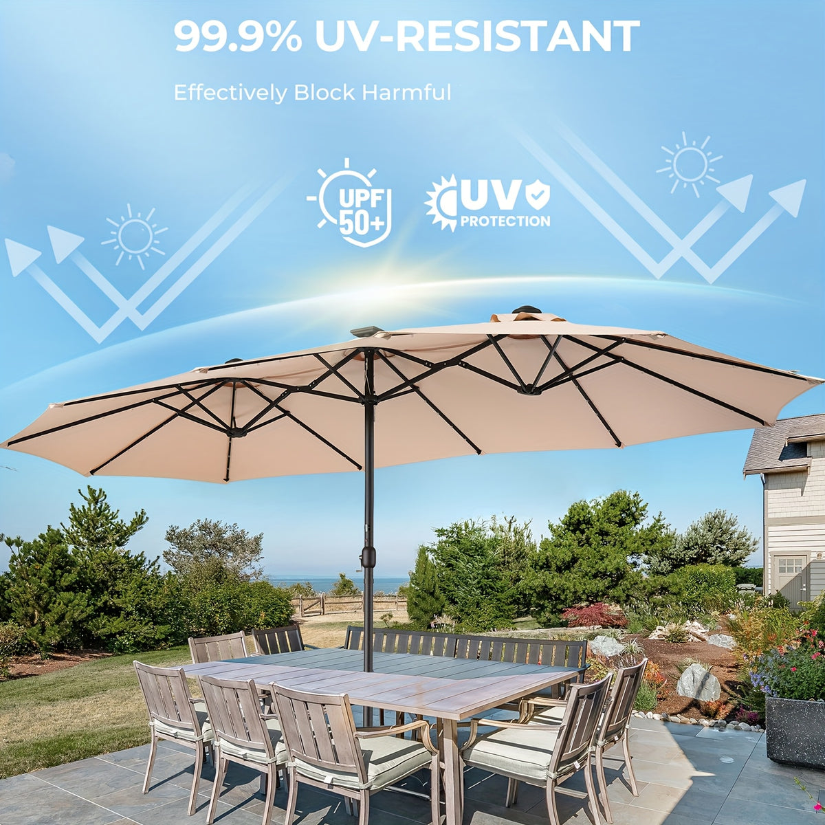 Double-Sided Solar Patio Umbrella with 48 LED Lights, 15ft Outdoor Shade Canopy with Crank Handle, 12 Ribs, Base and Four Sandbags in Blue or Light Blue