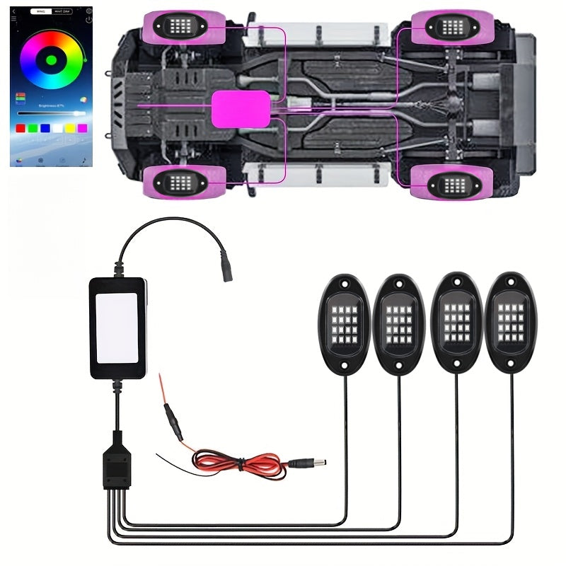 RGB Rock Light Kit with 16 Listed LEDs, 4-in-1 Car Tire Ambient Lighting with Dimmable Colors, Multiple Modes and App Control for Compatible Vehicle Setups