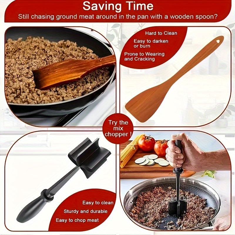 Plastic Meat Chopper and Masher, Single Manual Ground Beef Mixing Tool in Black, Red or Green for Hamburger Preparation, Taco Fillings and Everyday Kitchen Meal Prep