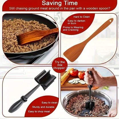 Plastic Meat Chopper and Masher, Single Manual Ground Beef Mixing Tool in Black, Red or Green for Hamburger Preparation, Taco Fillings and Everyday Kitchen Meal Prep