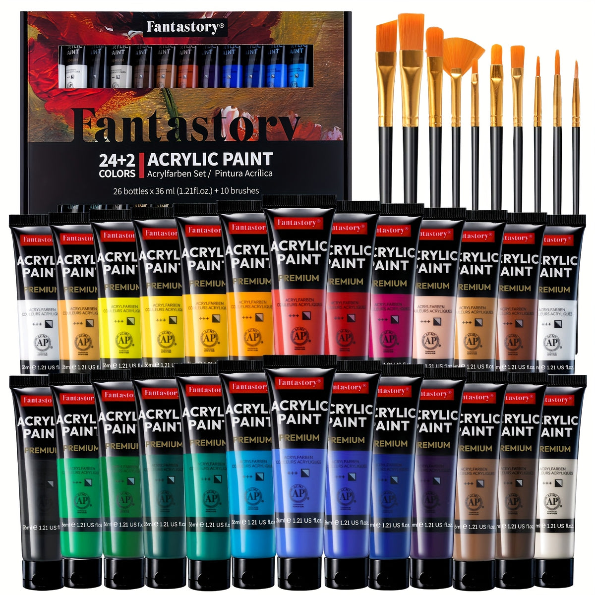 High-Pigment Acrylic Paint Set by Fantastory, 26 Paints in 1.22oz Sizes with 9 Brushes for Canvas, Wood, Stone Painting and Seasonal DIY Craft Projects