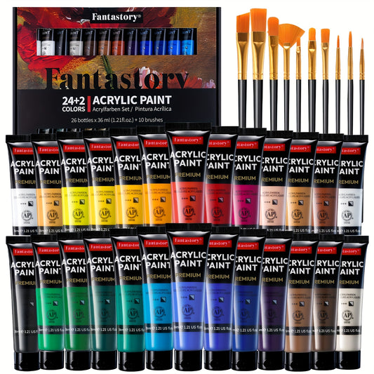 High-Pigment Acrylic Paint Set by Fantastory, 26 Paints in 1.22oz Sizes with 9 Brushes for Canvas, Wood, Stone Painting and Seasonal DIY Craft Projects