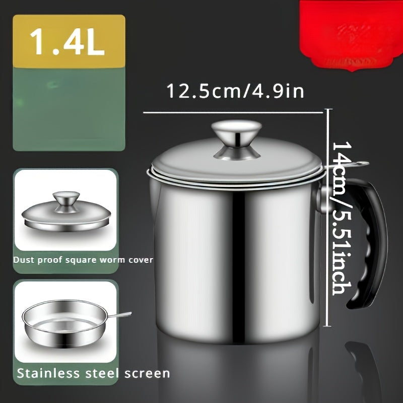 Kitchen Grease Container with Strainer and Easy-Pour Handle, Silvery Oil Storage Can with Listed Stainless Steel Design for Everyday Cooking Cleanup