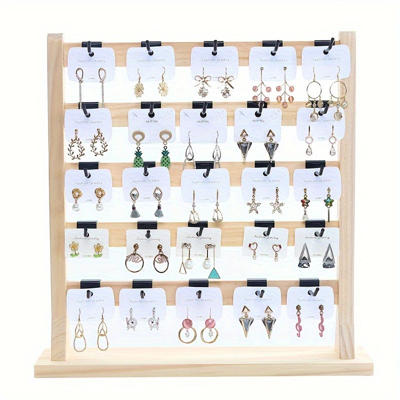 Tiered Wooden Jewelry Display Rack, Earring Card and Necklace Organizer with Removable Metal Hooks in 4, 5 or 6-Layer Light Wood and Oak Color Options