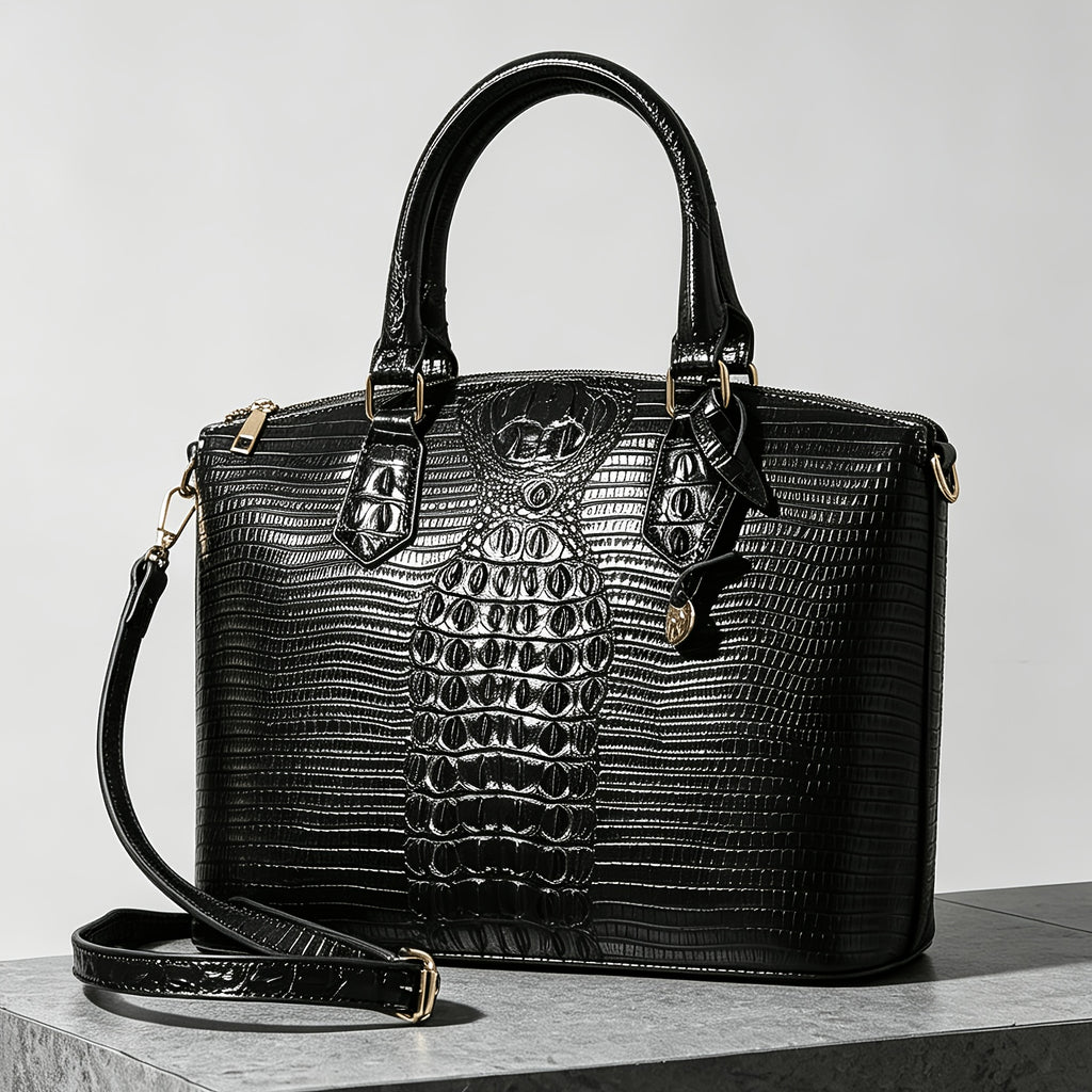Crocodile-Design Work Handbag for Women with Detachable Shoulder Strap and Zipper Closure, Spacious Crossbody-Style Purse for Office and Everyday Wear