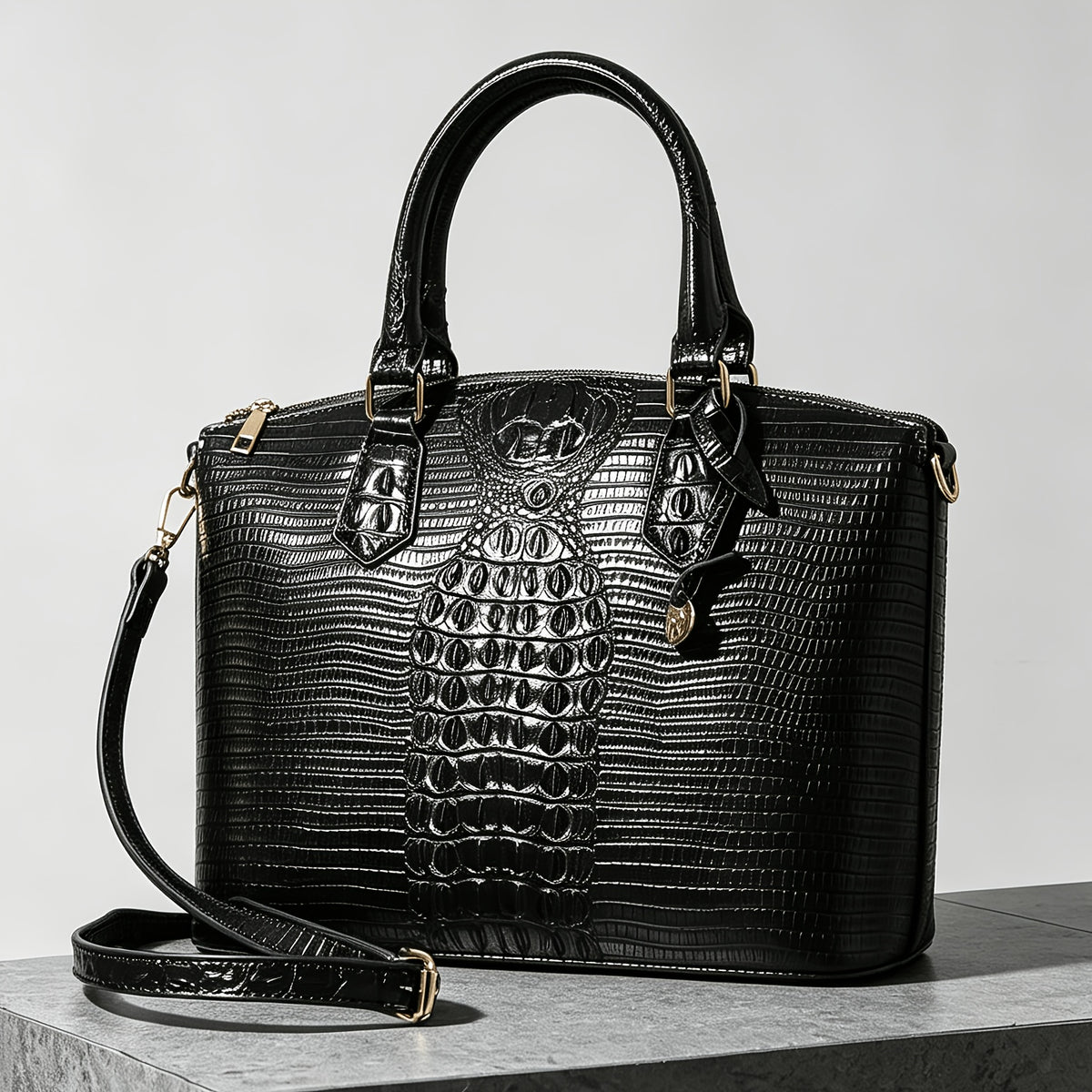 Crocodile-Design Work Handbag for Women with Detachable Shoulder Strap and Zipper Closure, Spacious Crossbody-Style Purse for Office and Everyday Wear
