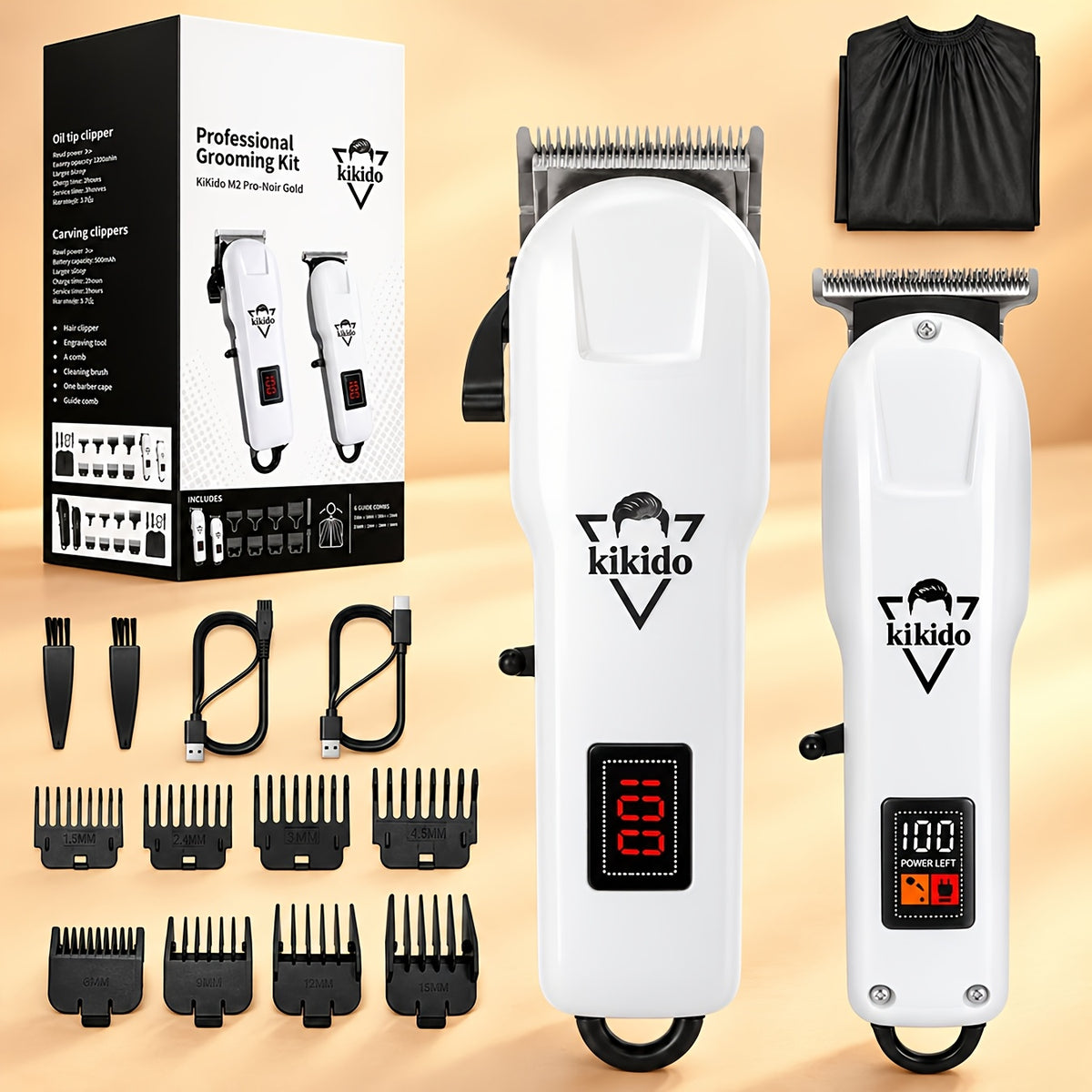 M4 Pro and M2 Pro Grooming Kit Options with Listed Electric Clipper, T-Trimmer and Shaver Wording, Black Golden or Polar White Labels for Men's Hair Care