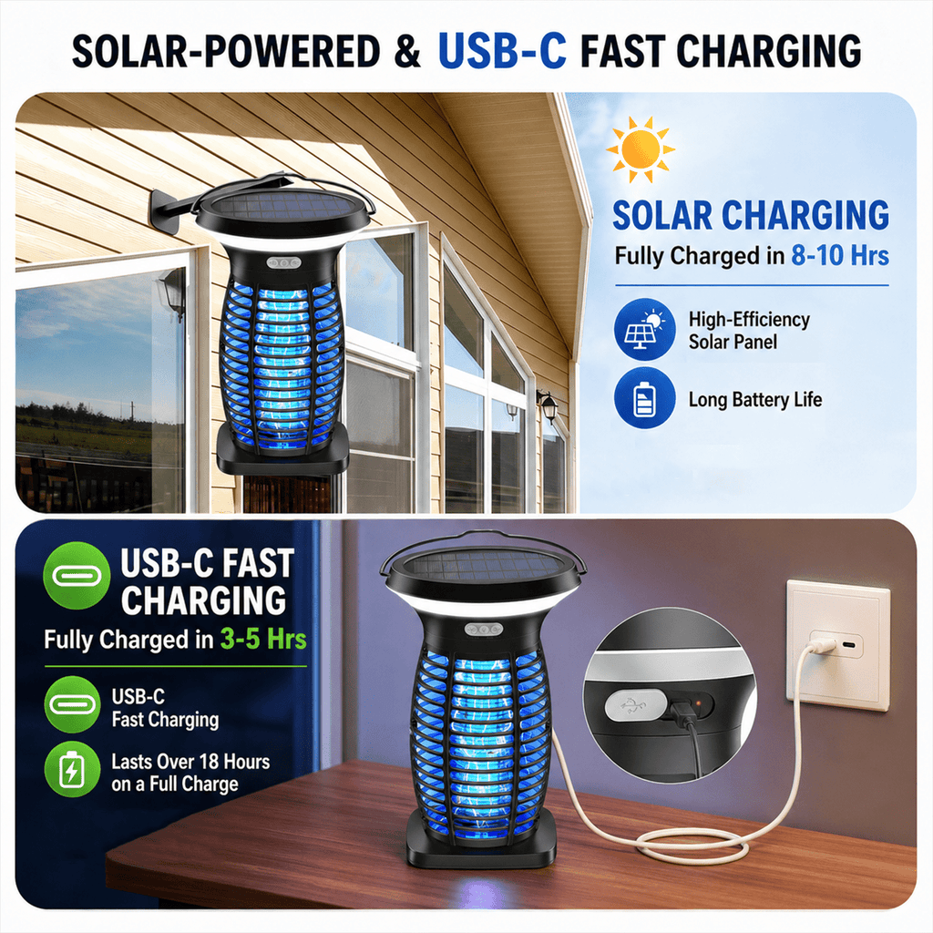 3-in-1 Solar Bug Zapper with LED Light and SOS Mode, USB-C Rechargeable Electric Insect Trap with Auto On-Off for Patio, Garden and Camping