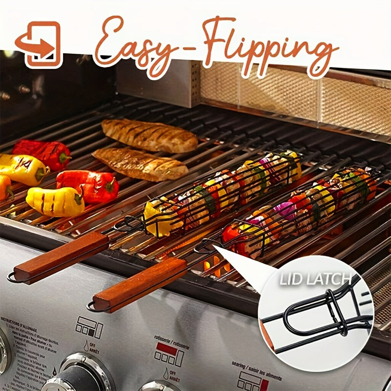 BBQ Grill Basket in Black Stainless Steel, One-Piece Outdoor Cooking Accessory for Compatible Backyard Barbecues, Camping Cookouts and Grill Meal Preparation