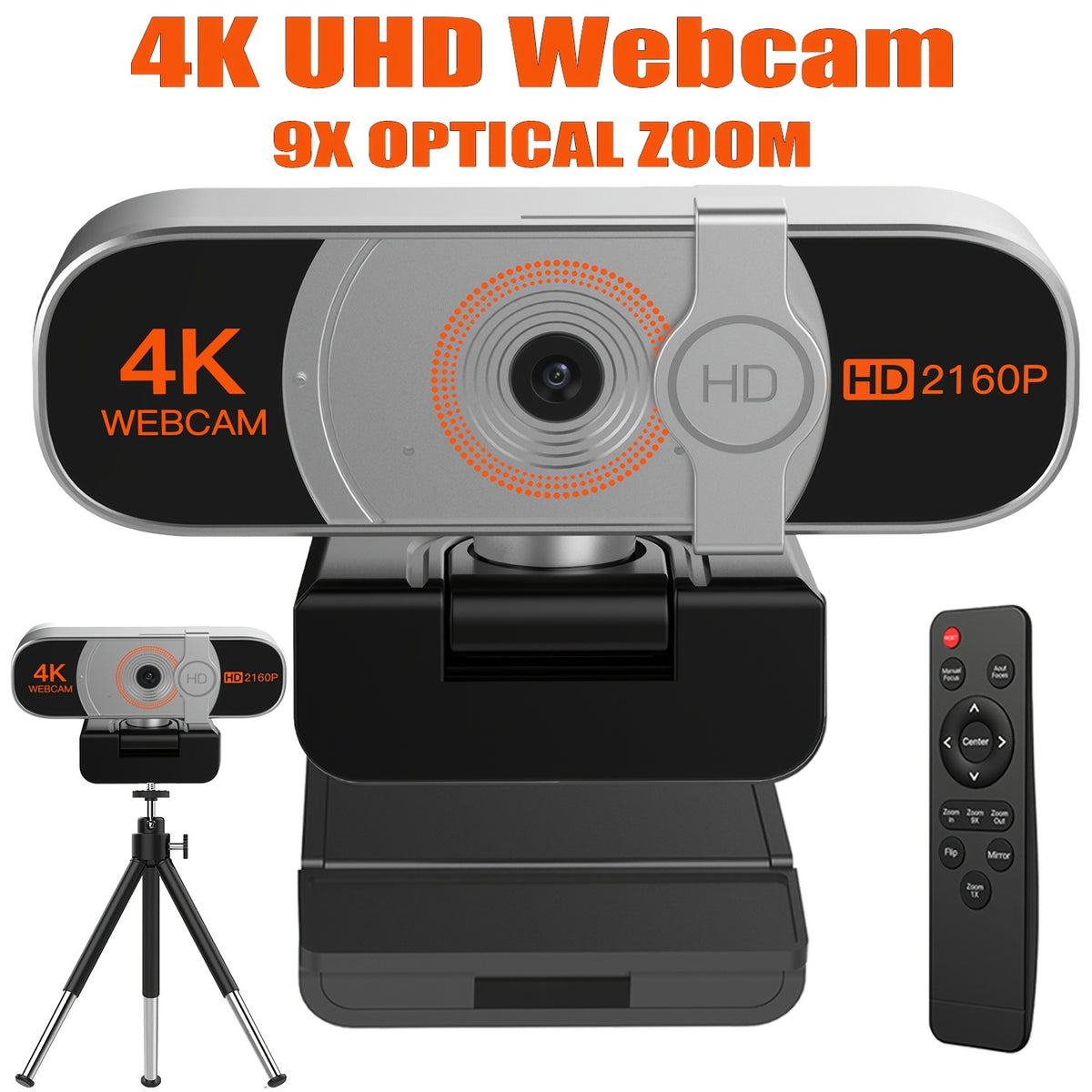 4K Webcam for PC in Silvery with Listed Auto-Zoom, Remote Control, Privacy Cover, White Balance and Microphone for Laptop and Desktop Video Calls and Conferencing