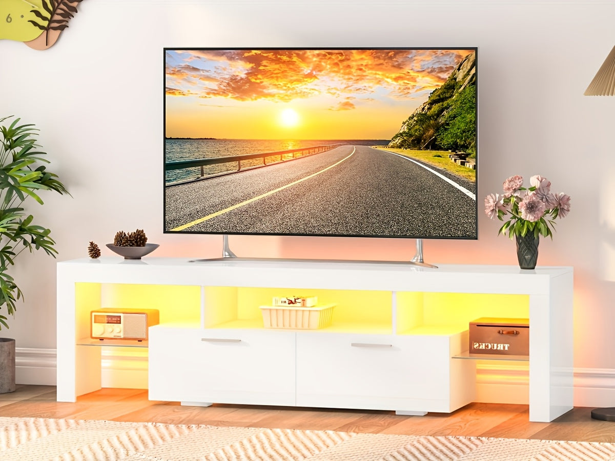 White LED TV Stand with Cabinet Storage and Glass Shelves, Modern Media Console for Living Room and Game Room in 130, 167 or 180 cm Model Options