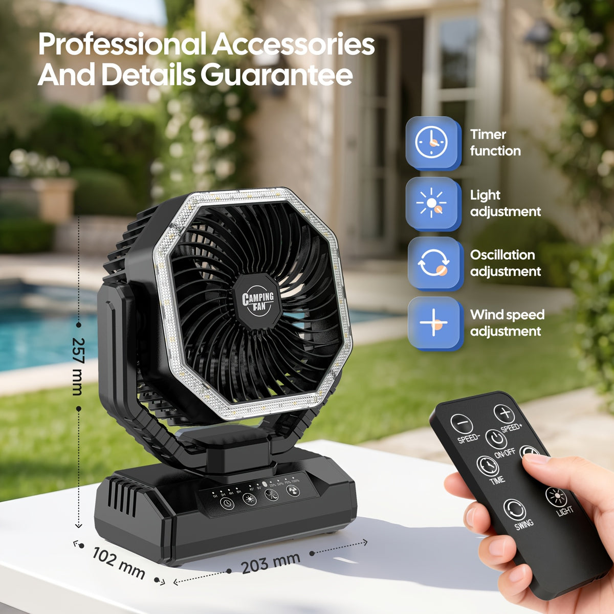 Battery Powered Camping Fan with 20000mAh Rechargeable Battery, Dual Auto Swing, 4 Speeds, 3-Level LED Light, 8-Hour Timer and Hanging Hook for Tents and RV Trips