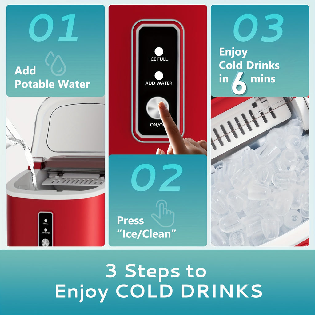 Carry-Handle Countertop Ice Maker with Bullet or Nugget Ice Option Labels, Self-Cleaning Wording, Basket and Scoop for Kitchen and Office Drink Preparation