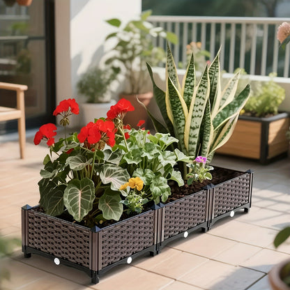 Raised Garden Bed with Legs by SKYNEST, Brown Plastic Planter with Listed Drainage System and One- to Four-Box Options for Outdoor Herbs and Vegetables