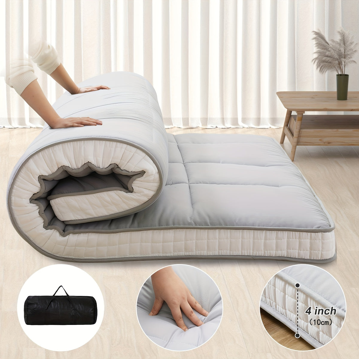 Japanese-Style Floor Mattress by LILYPELLE with Foldable Roll-Up Design, Black or Grey in Twin, Full and Queen Options for Guest Bedding and Floor Lounging
