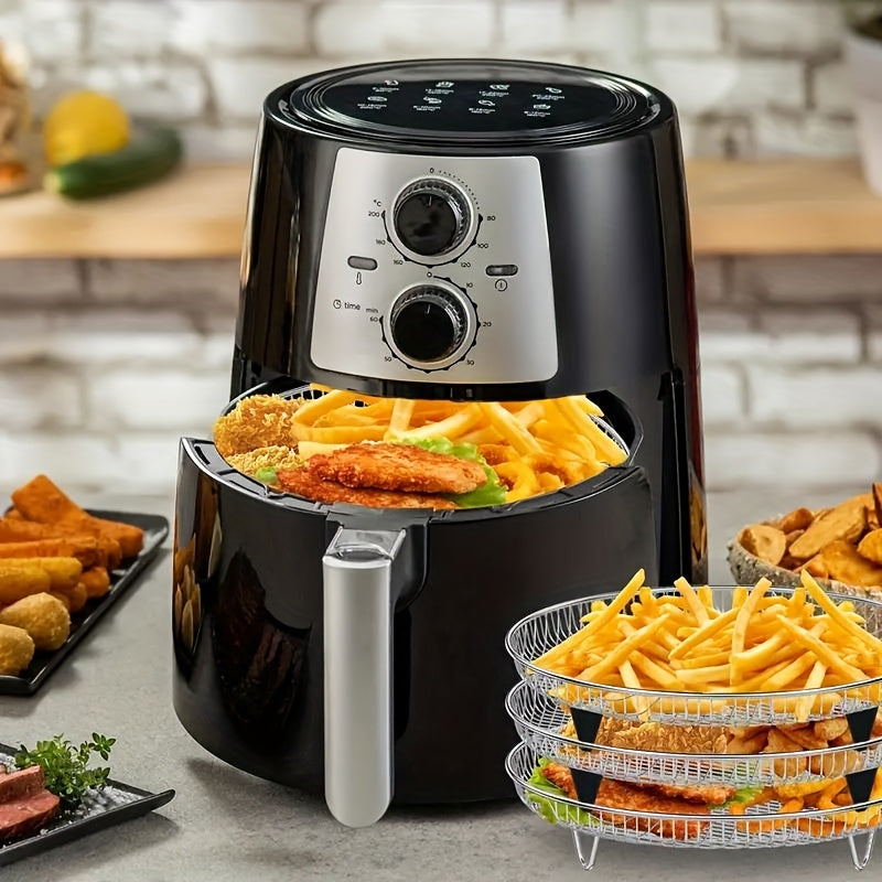 Air Fryer Dehydrating Rack Set in Silvery with Listed Eight Pieces, Stainless Steel Round Stackable Design, Raised Legs and Clips for Compatible Basket Cooking