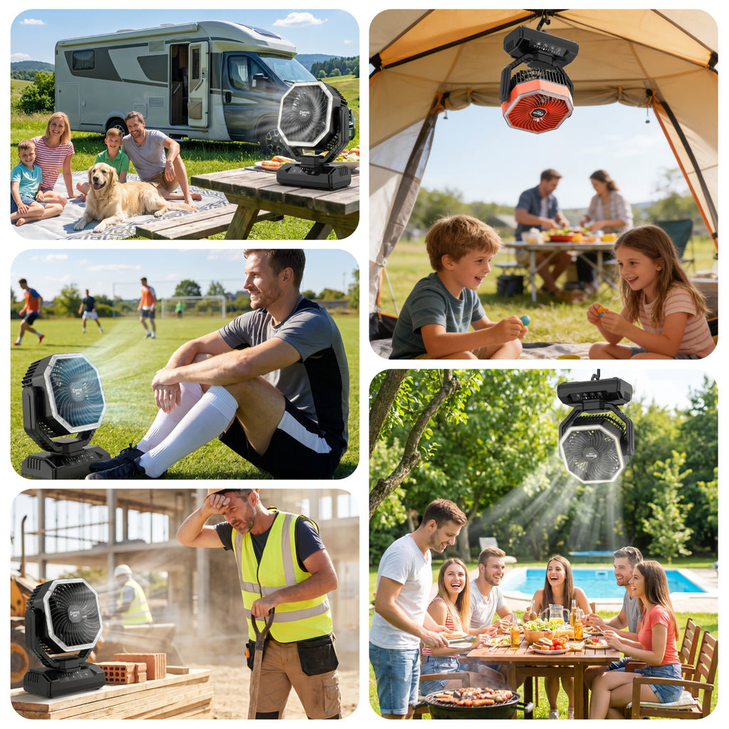Battery Powered Camping Fan with 20000mAh Rechargeable Battery, Dual Auto Swing, 4 Speeds, 3-Level LED Light, 8-Hour Timer and Hanging Hook for Tents and RV Trips