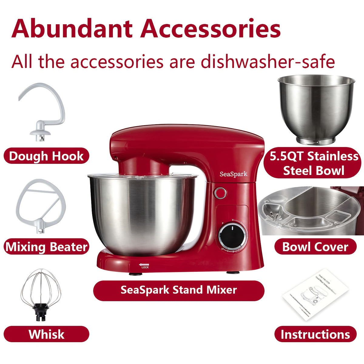 Tilt-Head Stand Mixer with 10 Speeds and Pulse Button, Stainless Steel Bowl, Dough Hook and Egg Mixer, 5L-Labeled Red, Silvery or Black Options for Home Baking