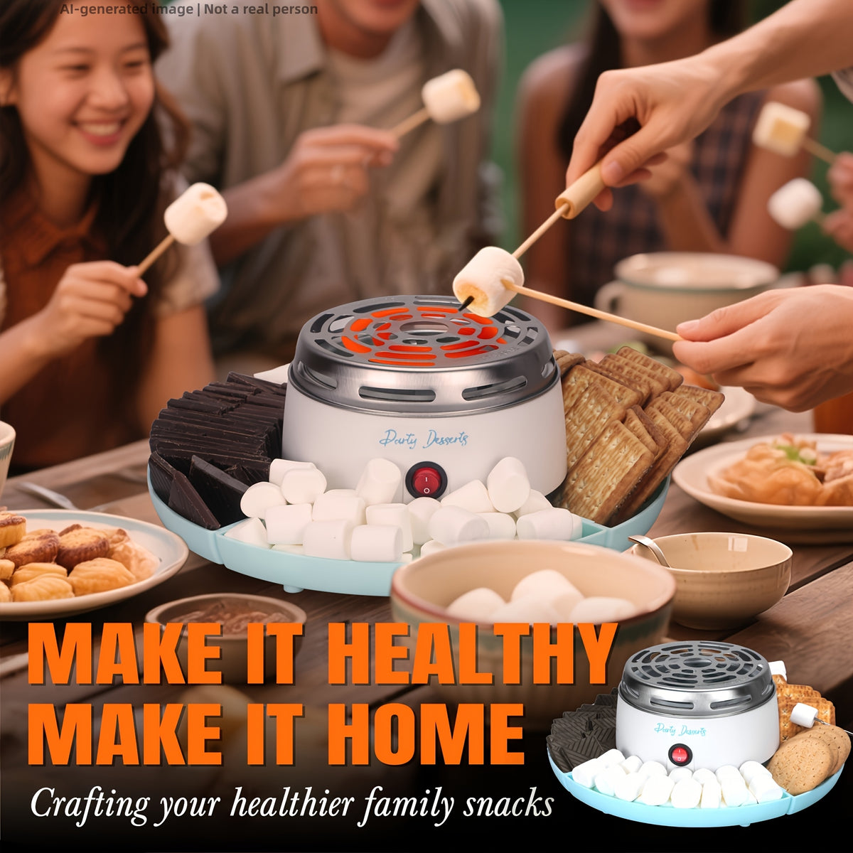Tabletop Electric S'mores Maker for Indoor Marshmallow Roasting, Listed Compartment Trays and Four Forks, Blue, Red, Purple, Brown or 2-in-1 Brown Options