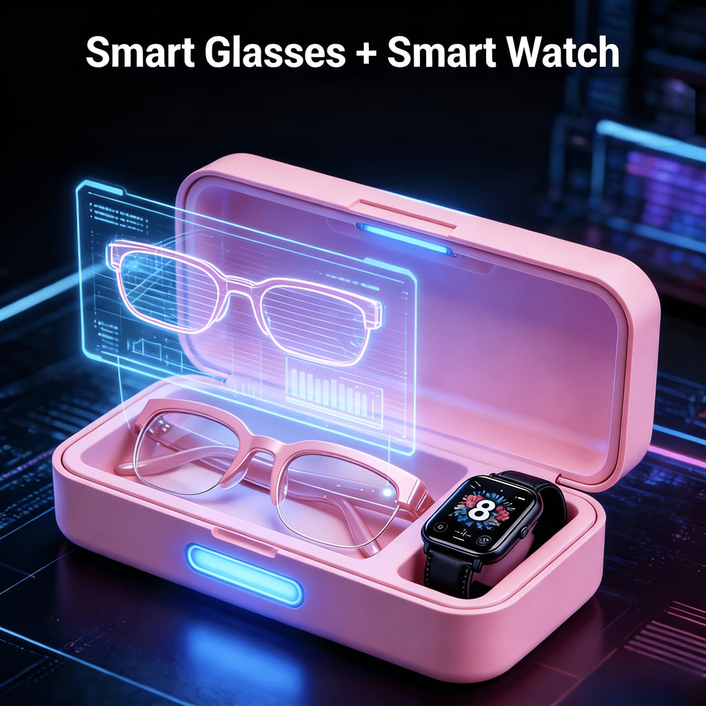 Audio Translation Eyewear and Touchscreen Watch Set with Listed AI Multilingual Functions, Built-In Microphone and Speaker, Music and Hands-Free Calling