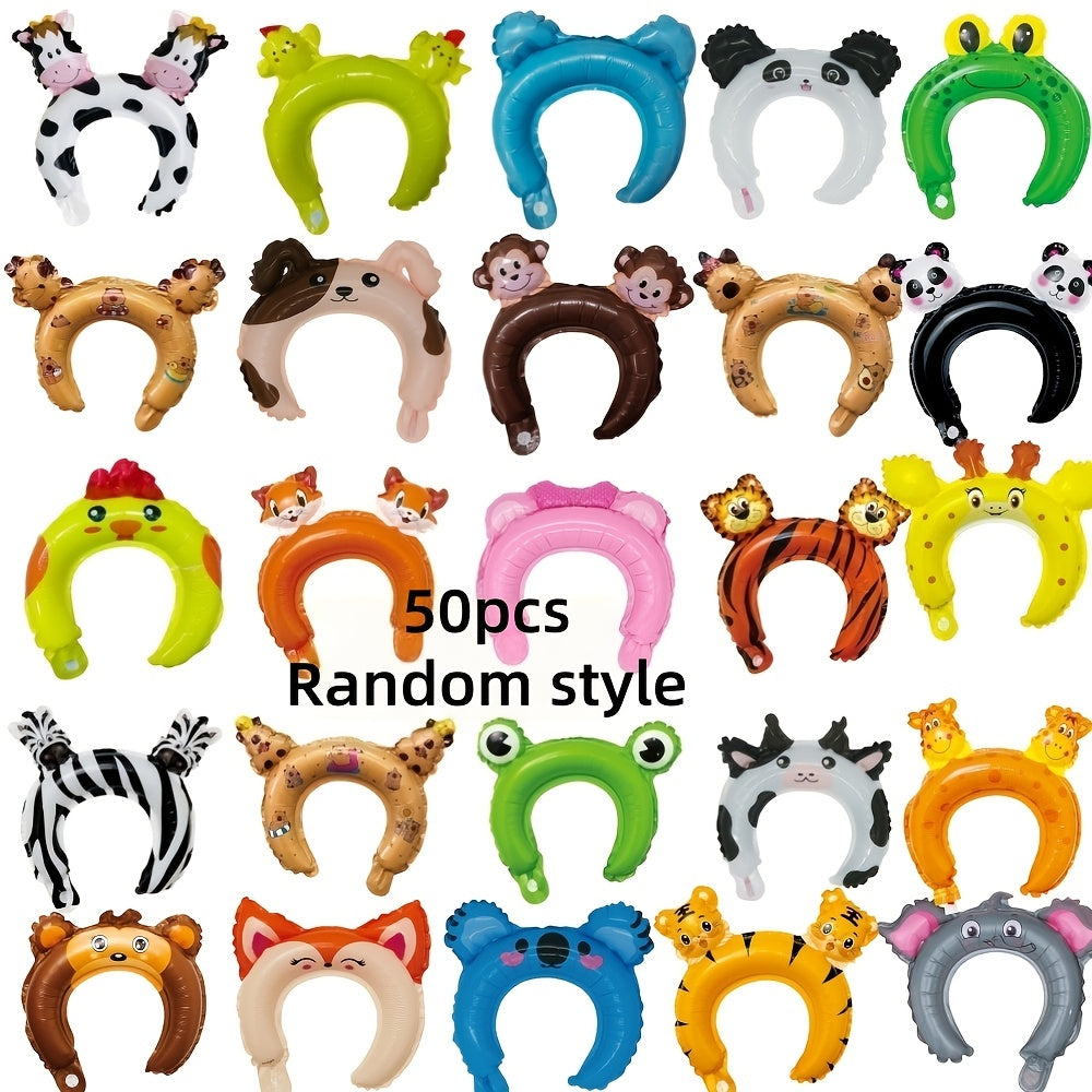 Zoo Animal Inflatable Headbands, 50-Piece Assortment with 10 Listed Styles for Safari and Jungle Birthday Party Favors, Balloon Hair Hoop Decorations