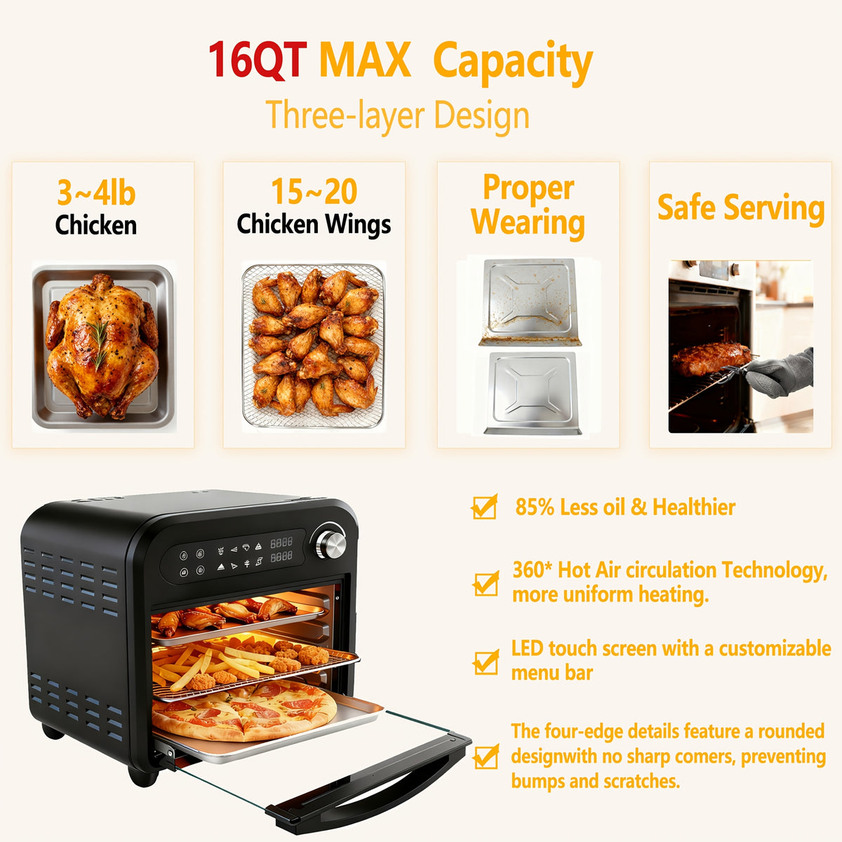 Air Fryer Toaster Oven Combo, Extra Large Capacity Convection Oven with 360° Hot Air Circulation, LED Digital Display and Precise Temperature Control, Stainless Steel, 16QT