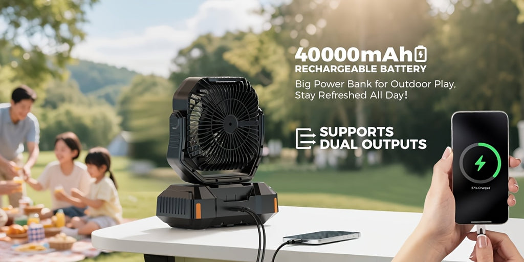 Portable Camping Fan with Listed 40000mAh Capacity, LED Light, Hanging Hook, Remote Control, Timer and Auto Oscillation in Green, Orange or Black