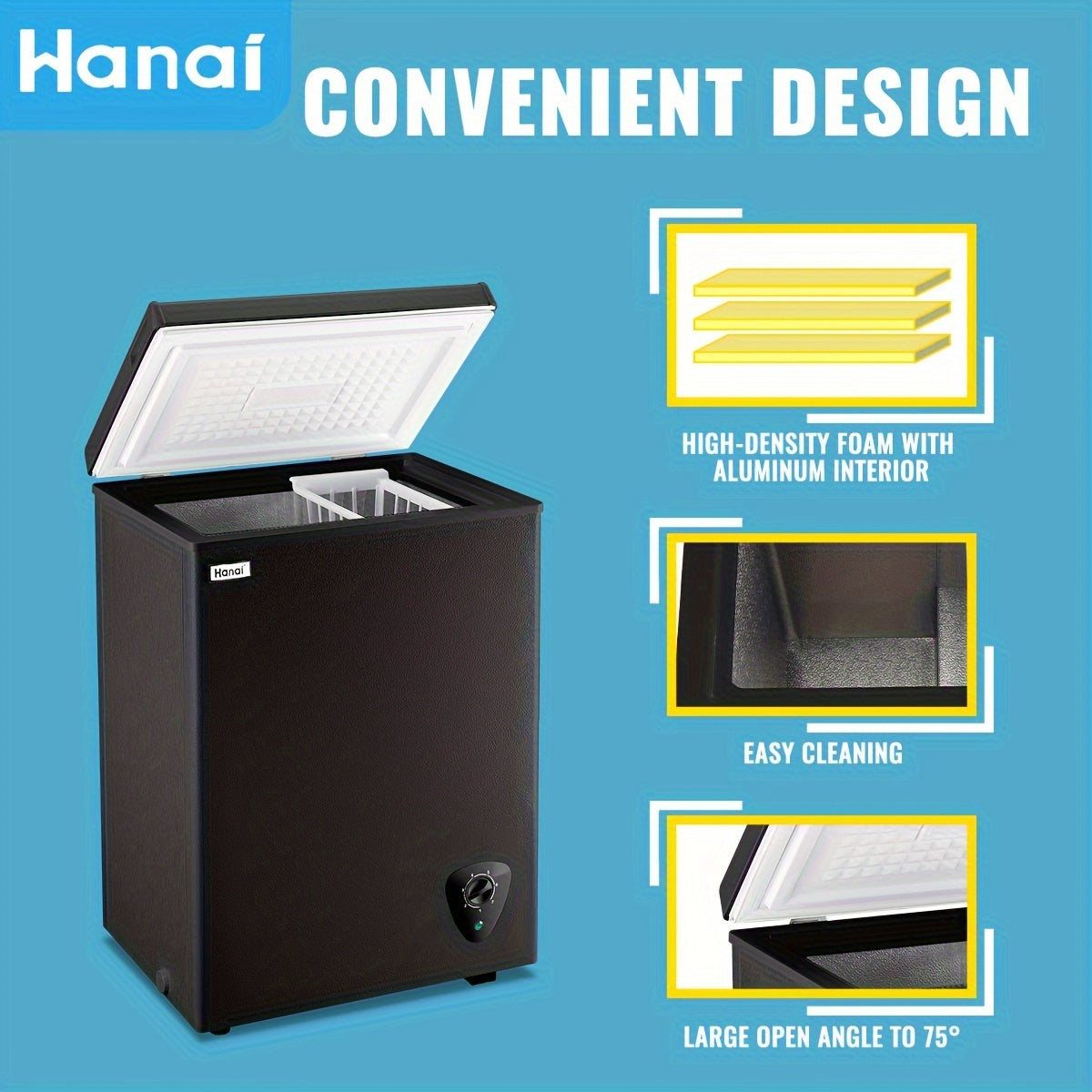 Compact Chest Freezer by WANAI with Seven Temperature Settings, Removable Basket and Top-Opening Hinged Door, WA-Black or WA-White Options for Home Storage