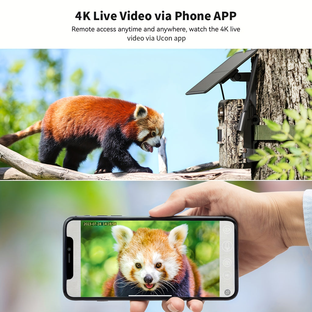 Cellular Trail Camera with Listed 4K Live View, 4W Solar Panel, 0.2-Second Trigger and 120° Lens, Ucon App Wildlife Monitoring with Two-Pack Option