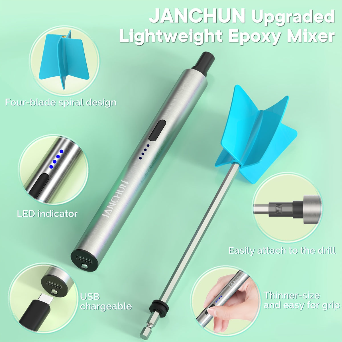 Electric Epoxy Resin Mixer by JANCHUN, Sky Blue Handheld Craft Mixing Tool with Four Reusable Paddles, Two Stirring Sticks and USB Charging Cord for Compatible Resin Projects