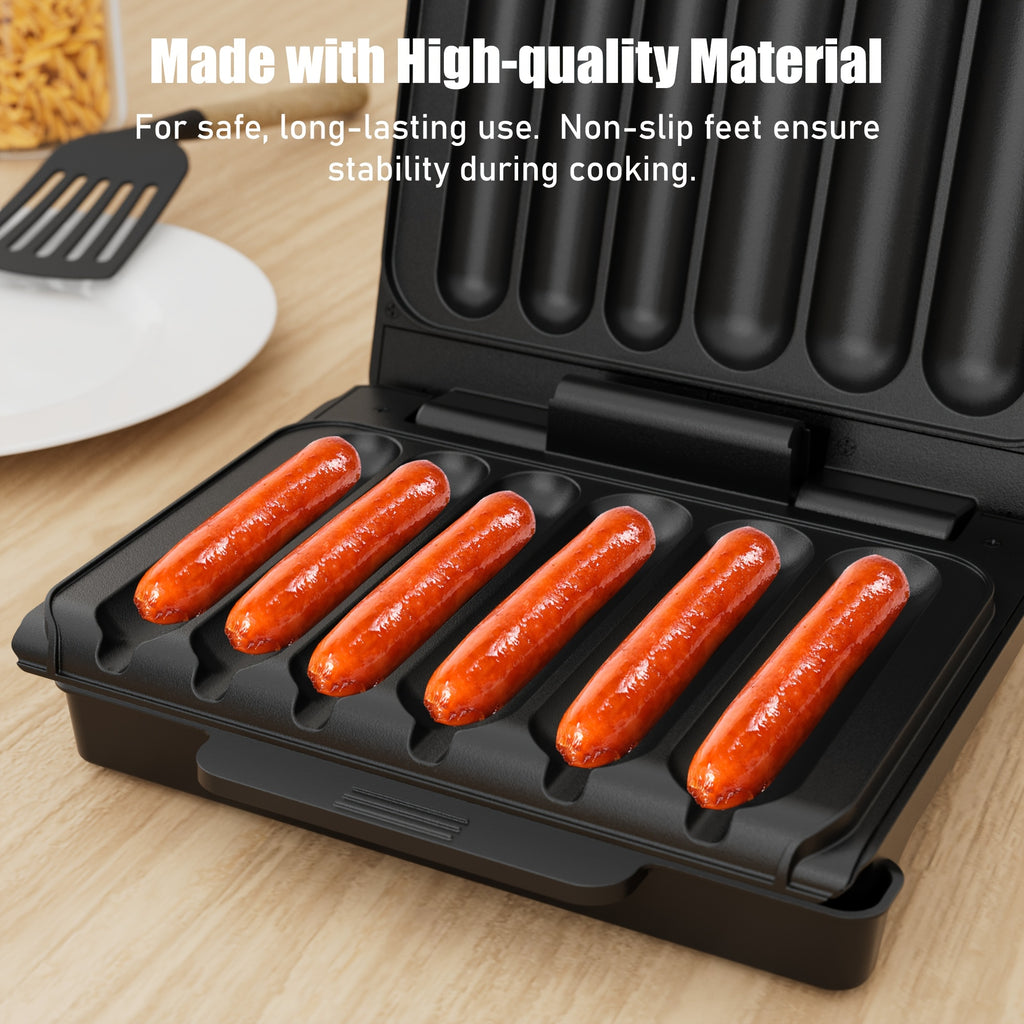Six-Slot Electric Hot Dog Maker, Nonstick Sausage Grill with Grease Drip Tray, Power and Ready Indicator Lights, Cord Storage for Breakfasts and Snacks
