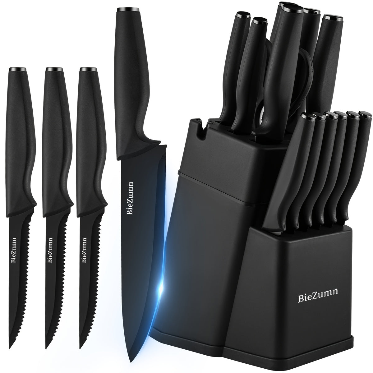 BieZumn Kitchen Knife Set with Black 3-Piece or 14-Piece Options for Everyday Home Cooking, Fruit Preparation and Meal Prep, Multi-Purpose Kitchen Cutlery Selection