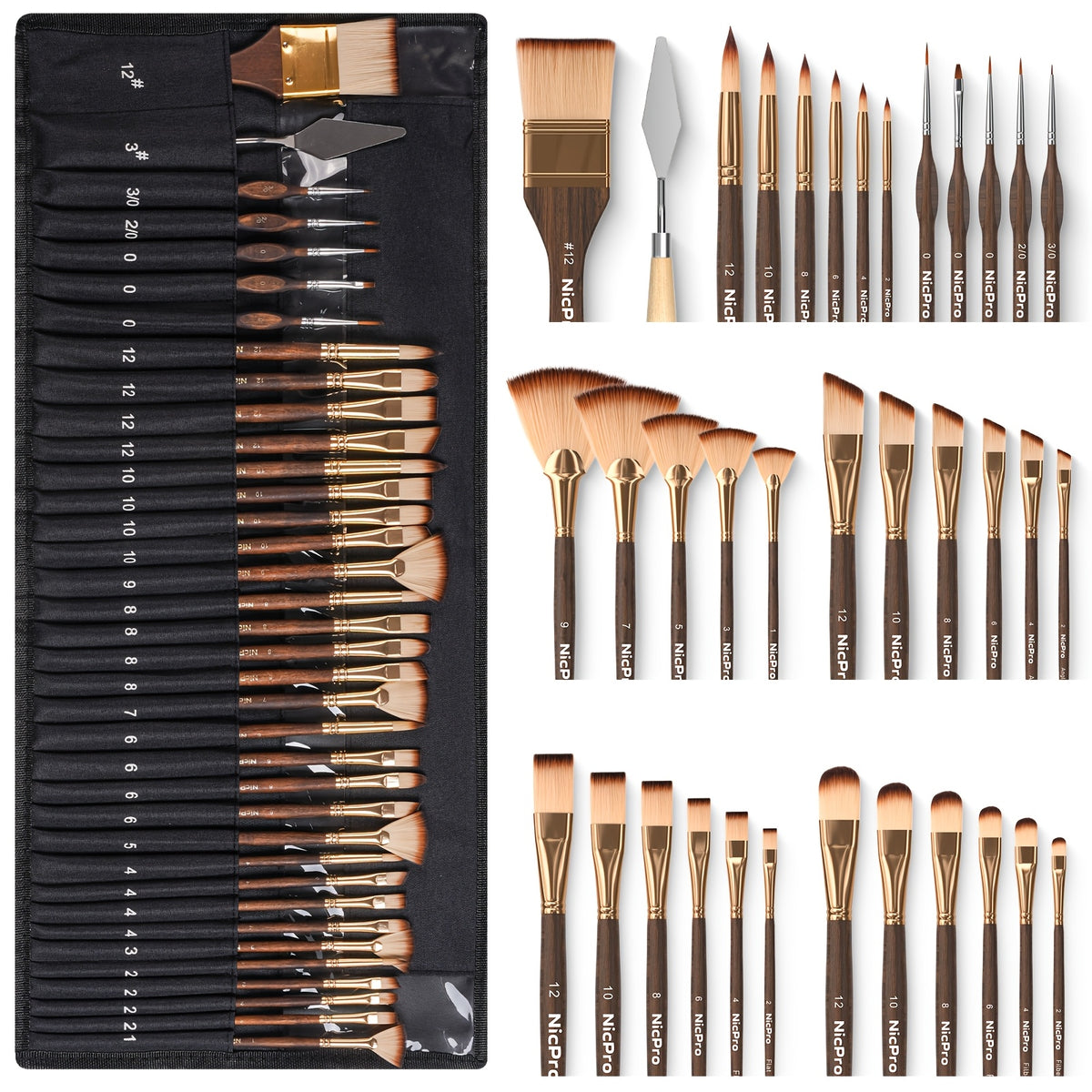 Cloth Roll Paint Brush Set, Listed 36-Piece Art Kit with Box and Palette Knife in Golden, Silvery or Wooden Options for Acrylic, Oil, Watercolor and Gouache