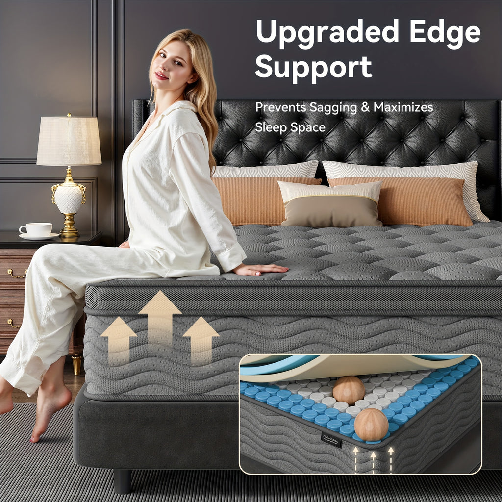 Grey Quilted Hybrid Mattress with Listed Medium Firm Feel and Pocket Springs, 8, 10 or 12 Inch Model Options in Twin, Full, Queen and King Labels for Bedrooms