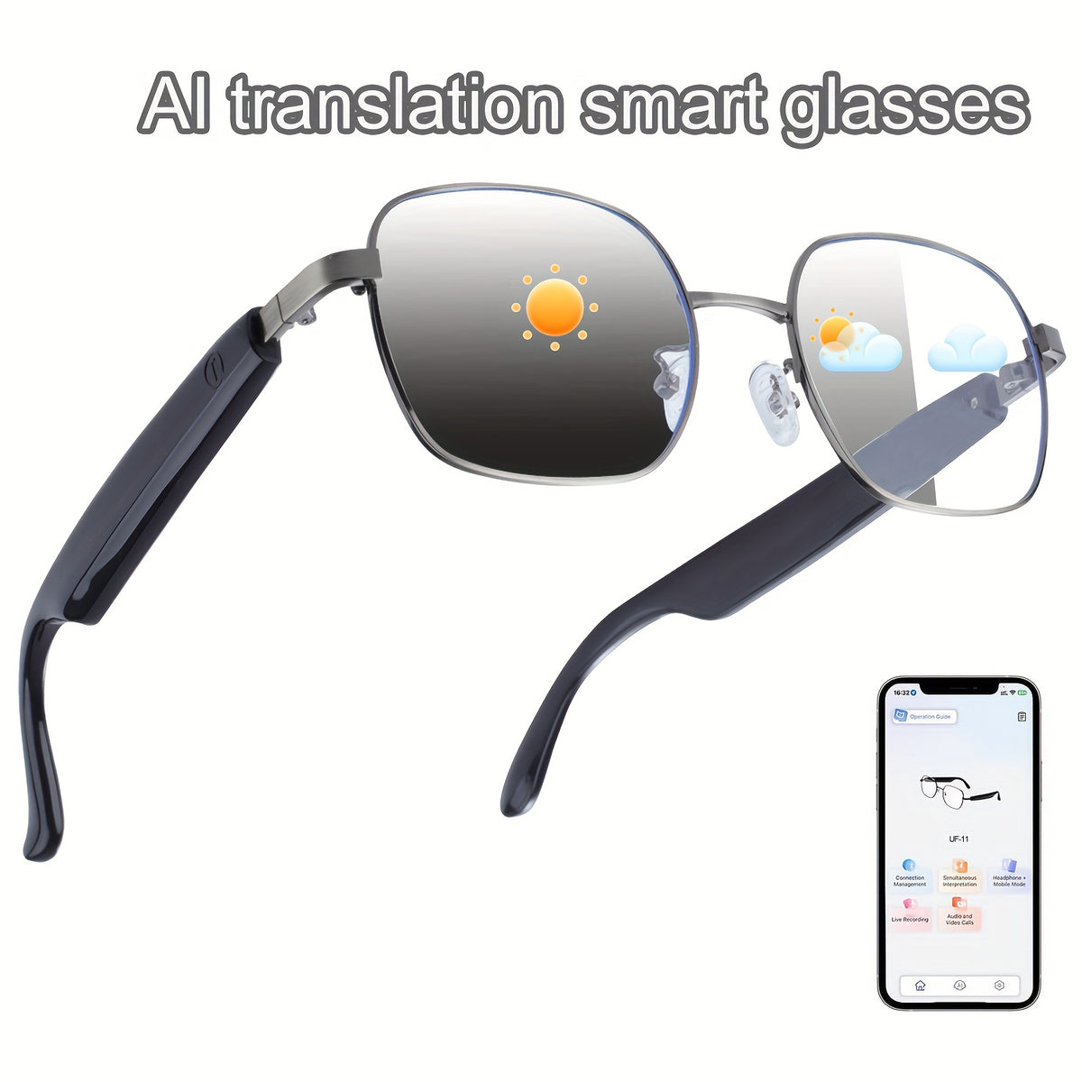 160 Language Translation Smart Glasses, AI Audio Glasses with ChatGPT, HD Calls & HiFi Music, Built-in Mic & Speaker, Photochromic Lenses, Real-Time Translator Eyewear for Travel, Meetings, Men & Women