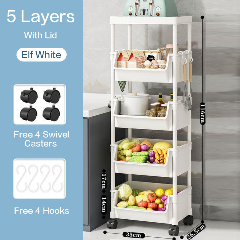 5-Tier Plastic Storage Rack with Open Shelves and Hooks, One Floor-Standing Organizer for Kitchen, Entryway, Shoes and Everyday Home Storage