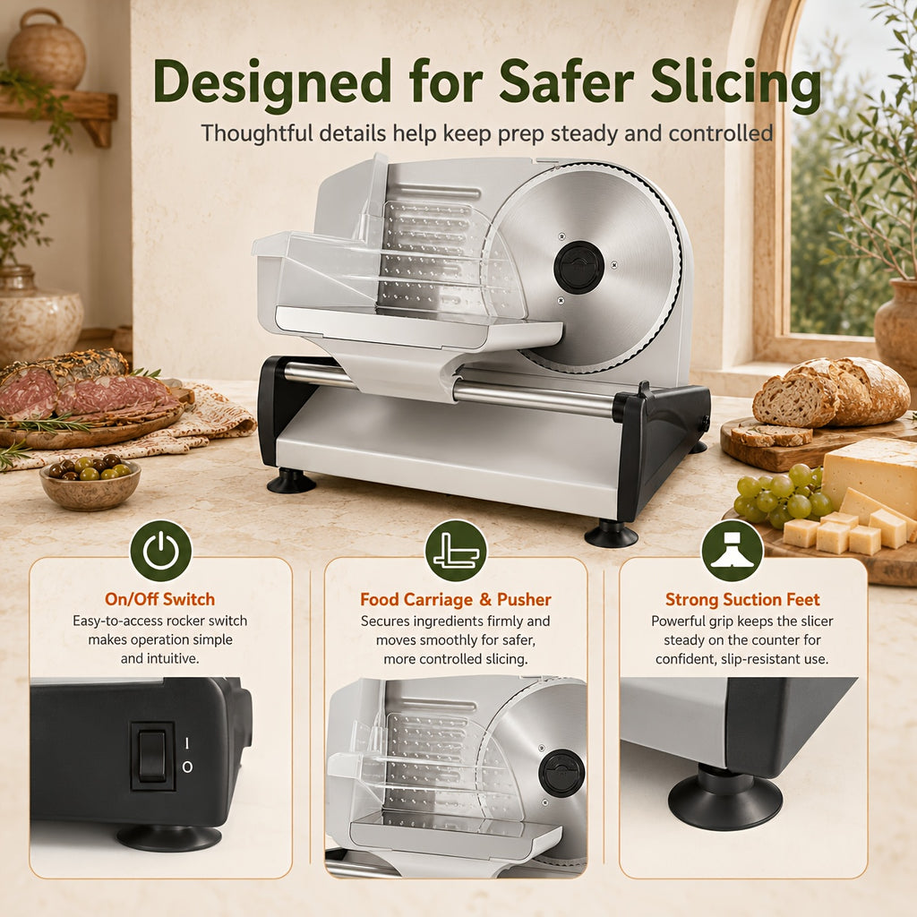 Electric Deli Meat Slicer with 200W Model Label, Listed 7.5-Inch Removable Serrated Stainless Steel Blade, Adjustable Thickness and Safety-Lock Controls for Home Food Prep