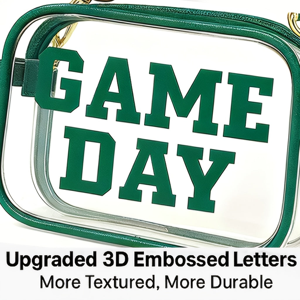 Game Day Clear Purse with Listed Letter Patches and Crossbody Carry Style, Green, Blue, Black, Red or Orange Options for Football Outfits and Concert Plans