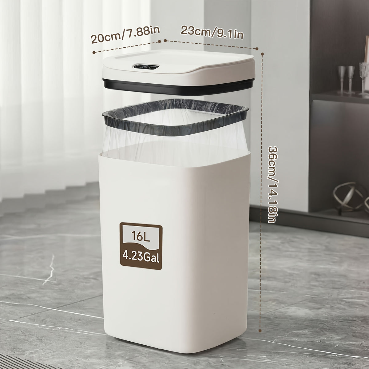 Touchless Plastic Trash Can with Motion Sensor Lid, 3.17 or 4.23-Gallon Capacity Options and Selected Bag Rings or Holders for Kitchen, Bathroom and Office