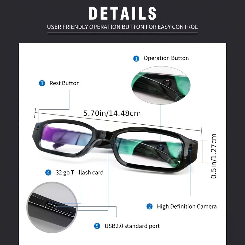 Video Camera Glasses with Listed 1080P Recording, TF Card Slot and USB Connection, 13B Model Options with a Separate 32G TF-Labeled Package