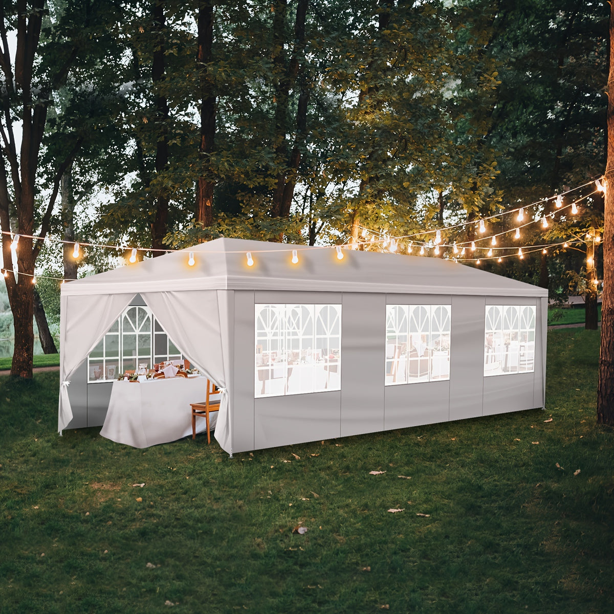 Party Canopy Tent with Listed 10 x 30 ft Footprint, White PE Cloth and Iron Tube Frame, Eight-Sidewall or No-Sidewall Options for Temporary Outdoor Events