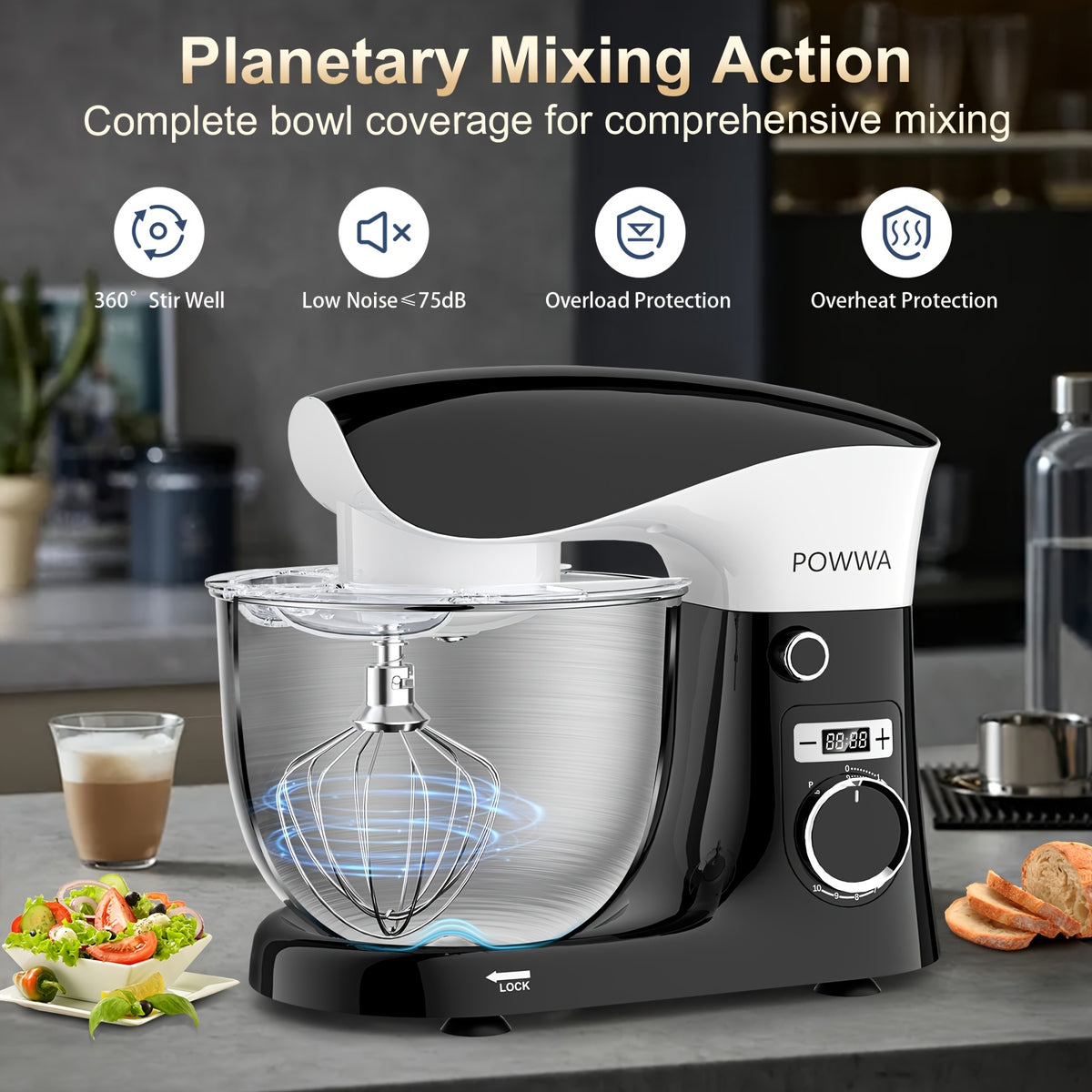 Stand Mixer 6.5 Qt with 10+P Speed Control, Whisk, Beater and Dough Hook, Electric Kitchen Baking Mixer in White Accent Color Options for Home Bakers