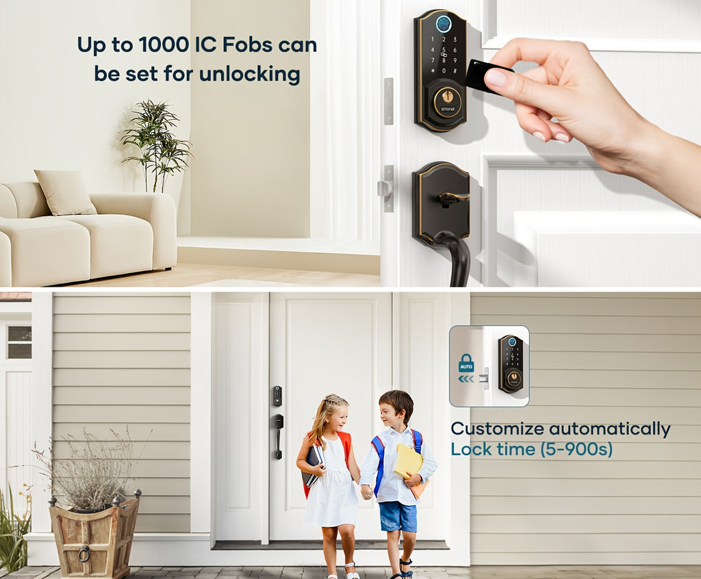 SMONET Fingerprint Deadbolt and Handle Set with Bluetooth, Digital Keypad, Phone App and Auto-Lock Wording, Black, Silvery or Oil Rubbed Bronze Options
